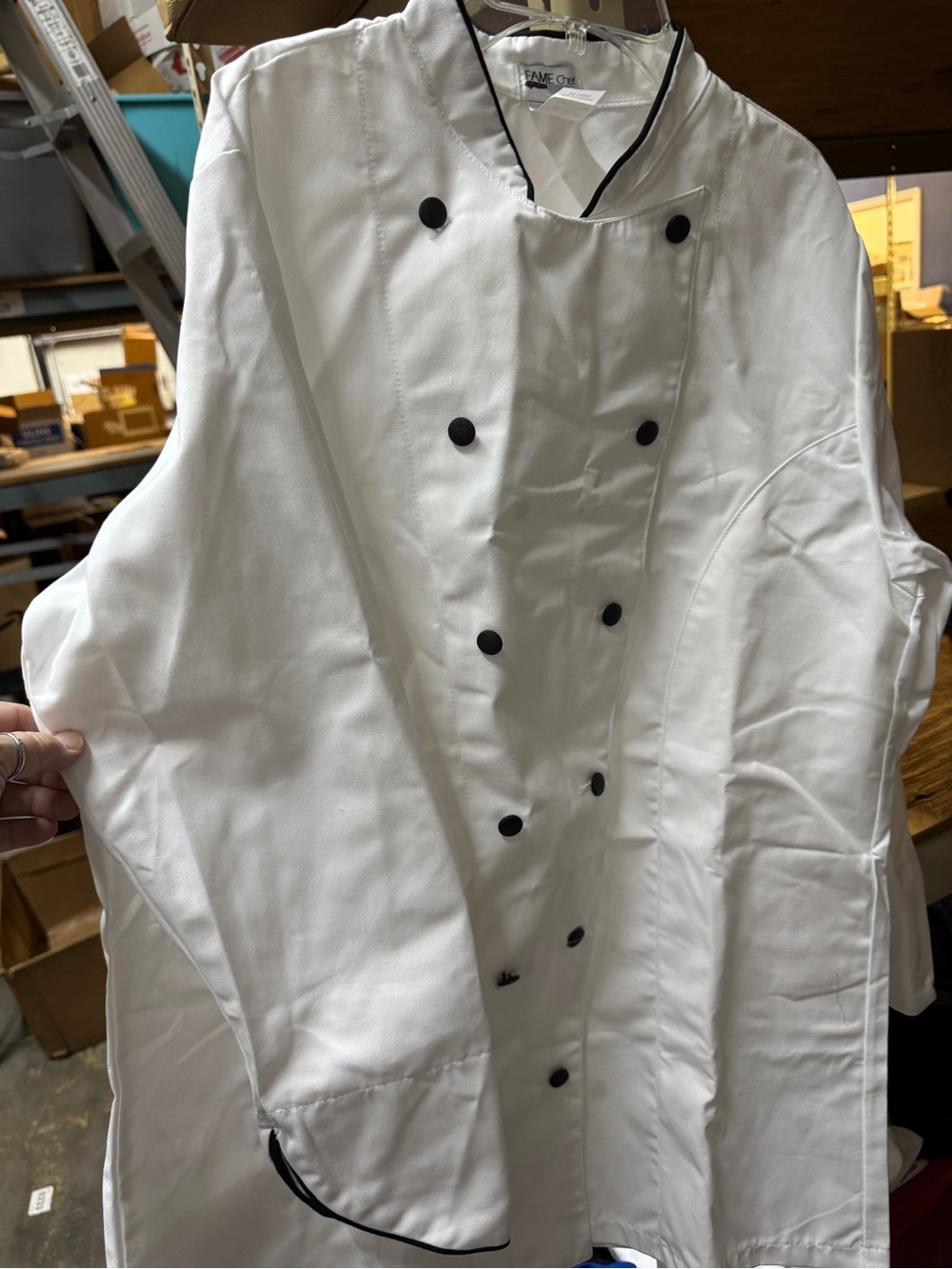Men’s White Double-Breasted Chef Jacket with Black Trim. Fame Chef. Size XL. New